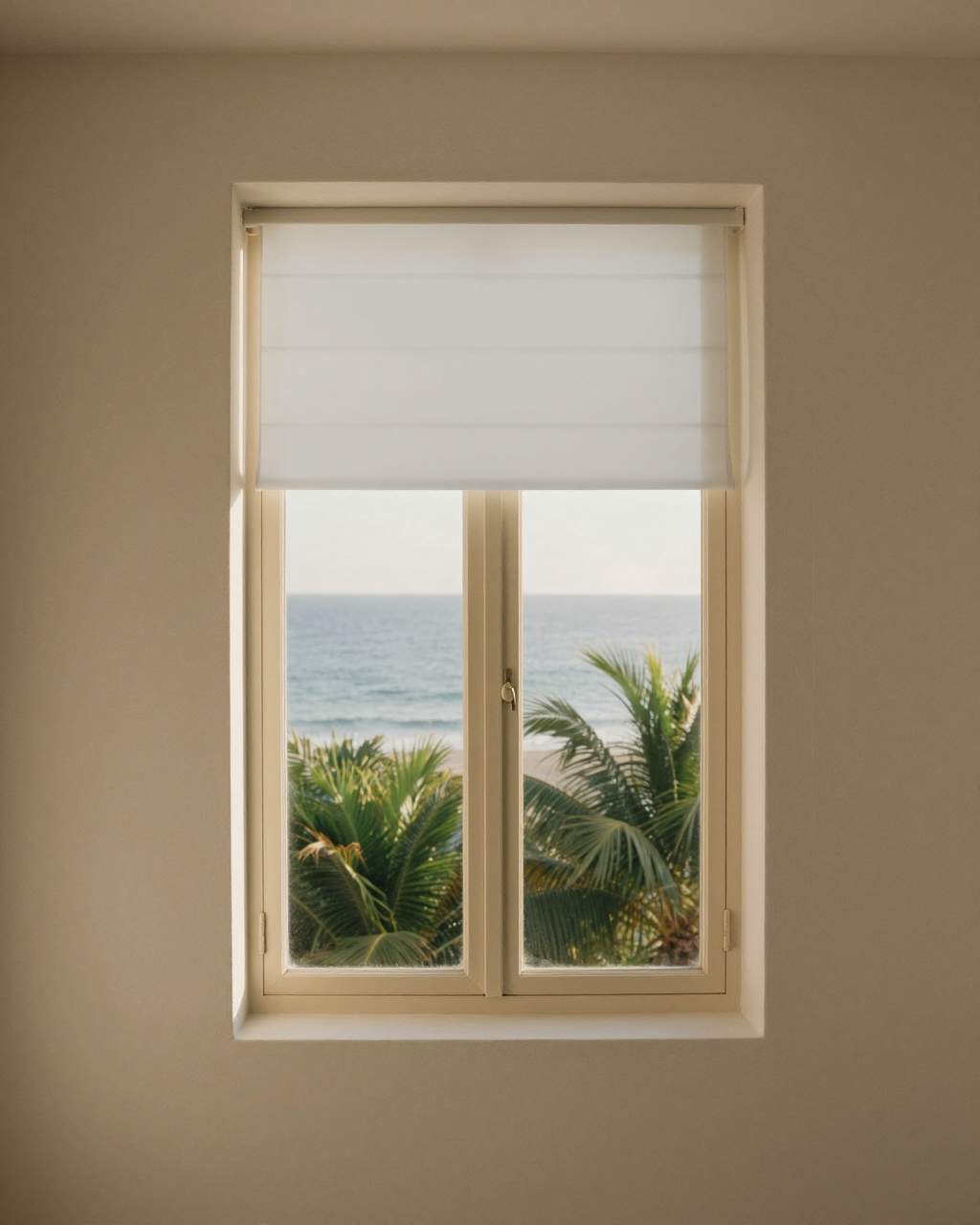 Flat Roman Shade — Fog colorway, full window scene