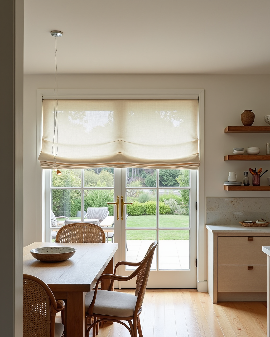 Relaxed roman shade in casual living room
