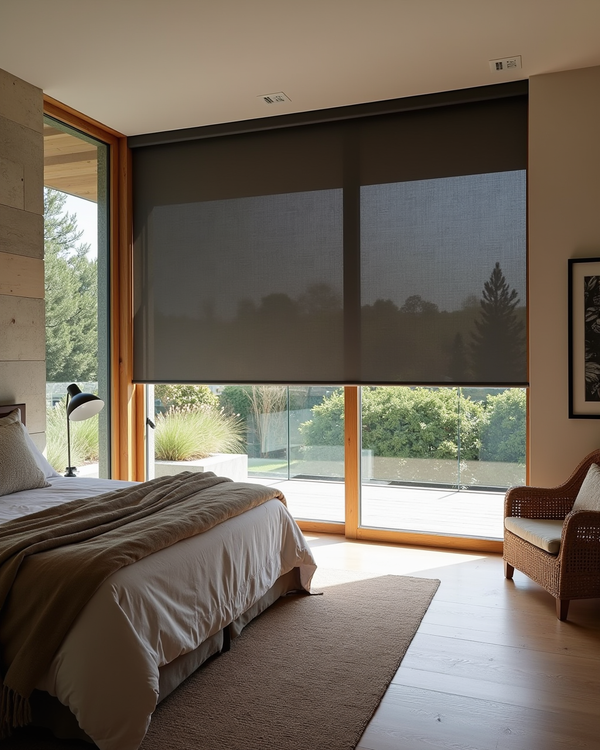 Blackout roller shade in dark bedroom