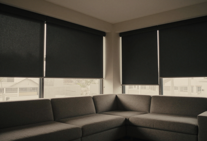 Eclipse Roller blackout shade in a dark, calm bedroom