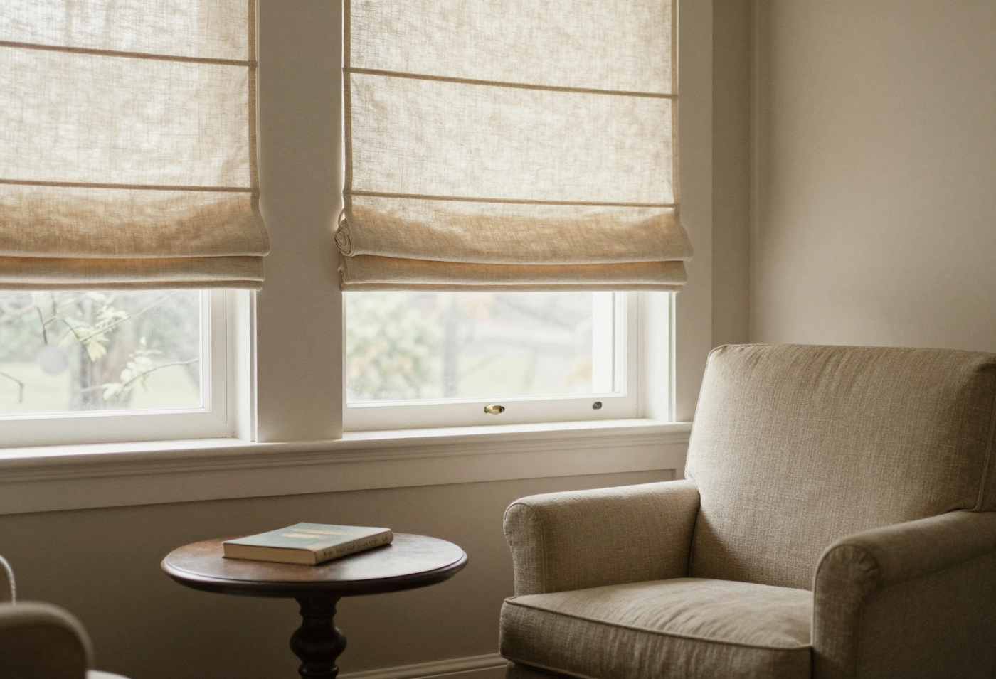 London Roman Shade mounted inside a deep window frame