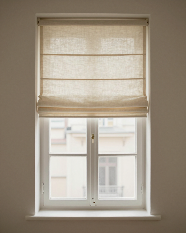 Flat Roman Shade — Ivory colorway, full window scene