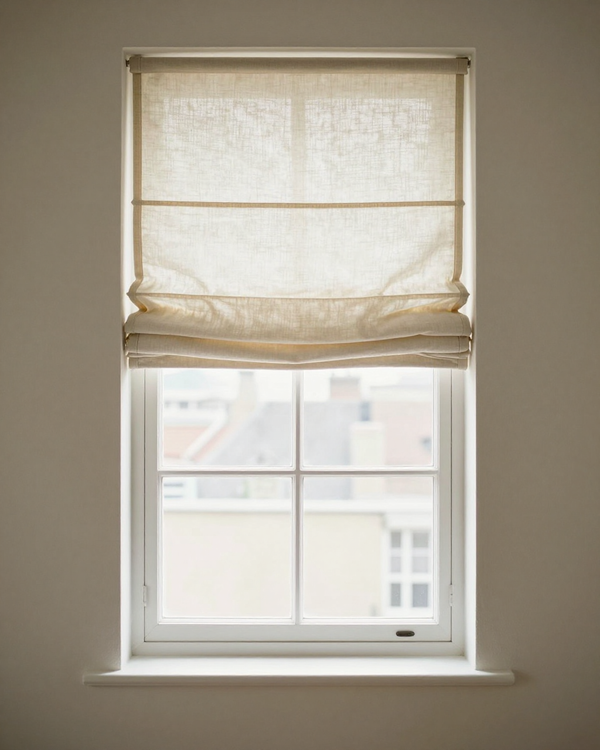 London Roman Shade — Ivory colorway, full window scene
