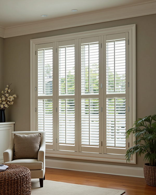 Full height plantation shutter in bright room