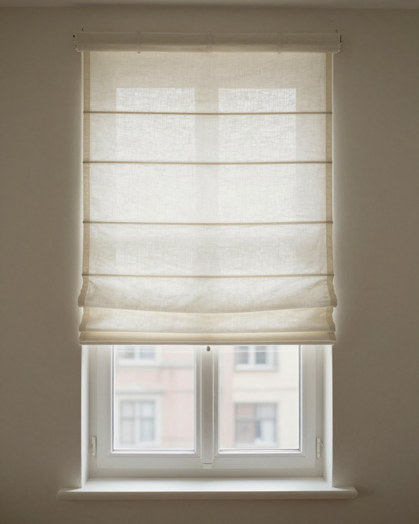 Pleated Roman Shade — White colorway, full window scene