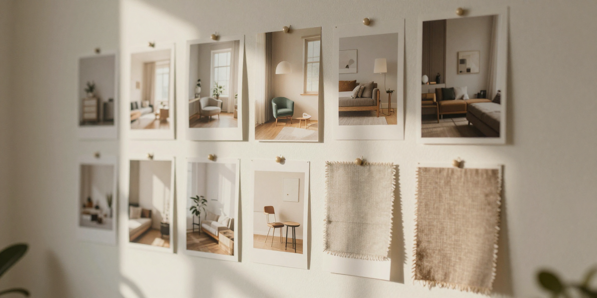 Studio moodboard with fabric swatches and interior photography
