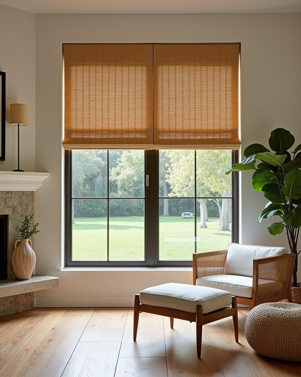 Matchstick woven wood shade in beach house